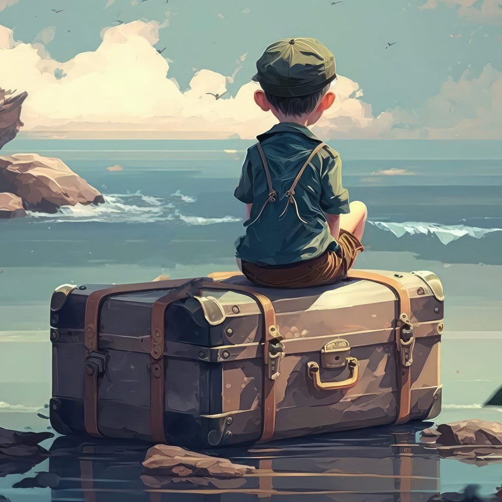 Vorfreude ist die größte Freude 10 Ein kleiner Junge in Shorts und Mütze sitzt auf einem großen alten Koffer und blickt auf eine ruhige See mit einem Schiffswrack auf fernen Felsen unter einem bewölkten Himmel. Die Szene wirkt verträumt und nostalgisch.