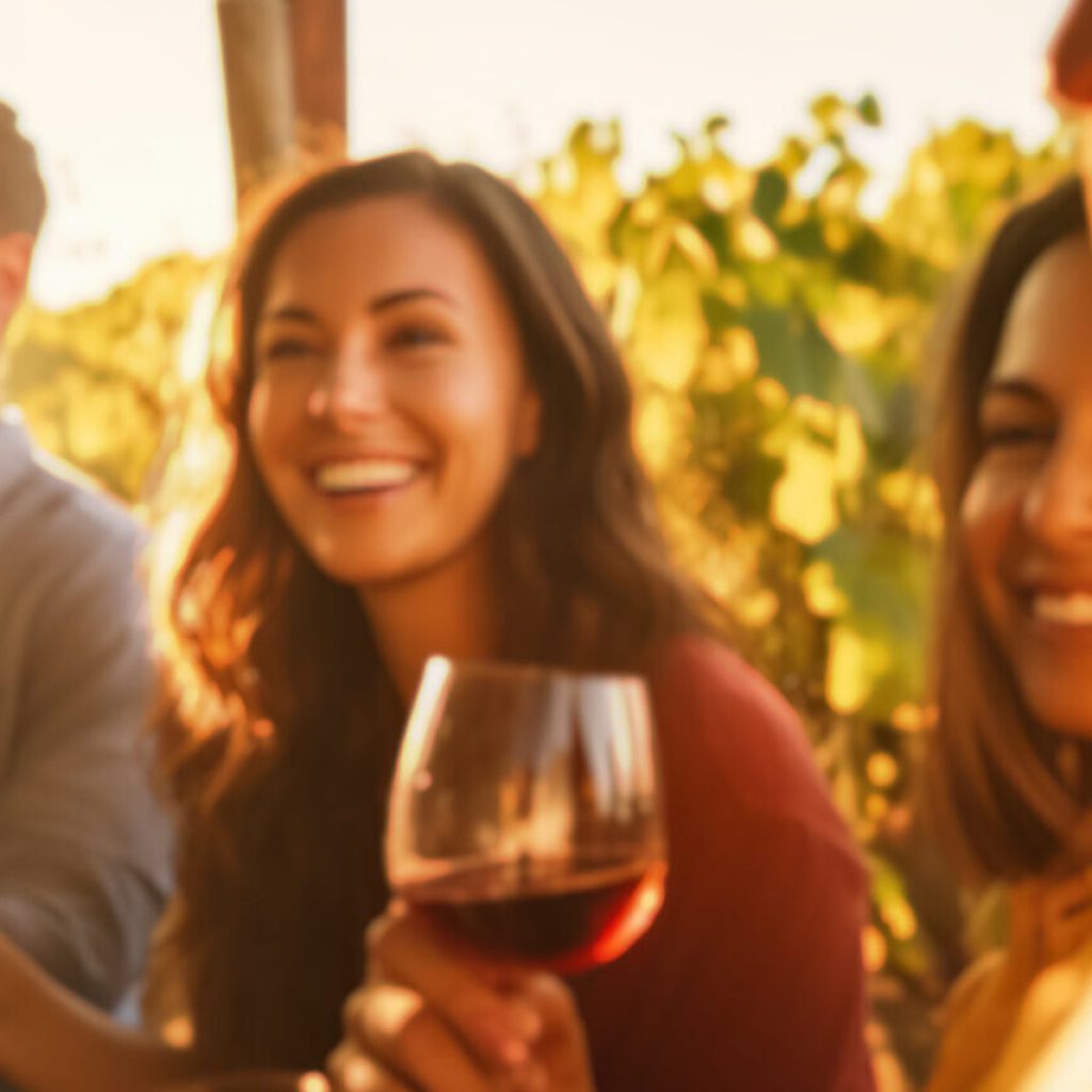 Der Herbst ist da! 1 Eine Gruppe von Freunden sitzt bei Sonnenuntergang im Freien, lachend und mit einem Glas Wein in der Hand, mit grünen Weinreben im Hintergrund und warmem Sonnenlicht, das ihre Gesichter beleuchtet.