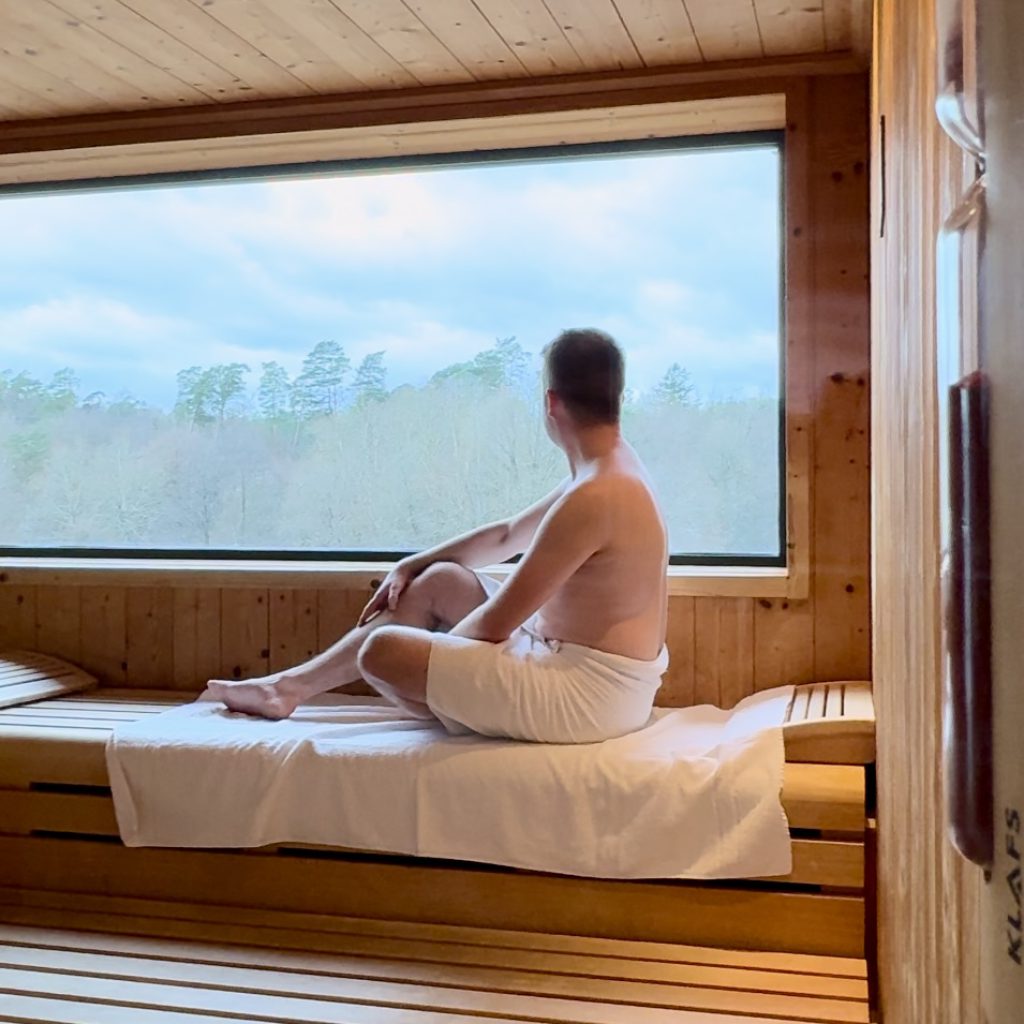 Wellness – Mehr als nur ein Trend 17 Eine nur mit einem Handtuch bekleidete Person sitzt auf einer Holzbank in einer Sauna und blickt durch ein großes Fenster auf eine bewaldete Landschaft unter einem bewölkten Himmel.