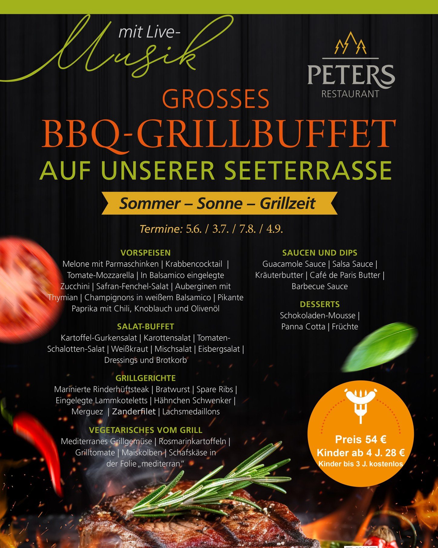 Farbenfrohes Restaurantplakat, das für ein BBQ-Grillbuffet auf einer Seeterrasse wirbt und verschiedene Buffetgerichte und Saucen auflistet. Veranstaltungsdaten, Preisangaben und der Hinweis „mit Live-Musik“ werden durch leuchtend gelbe und orange Akzente hervorgehoben.