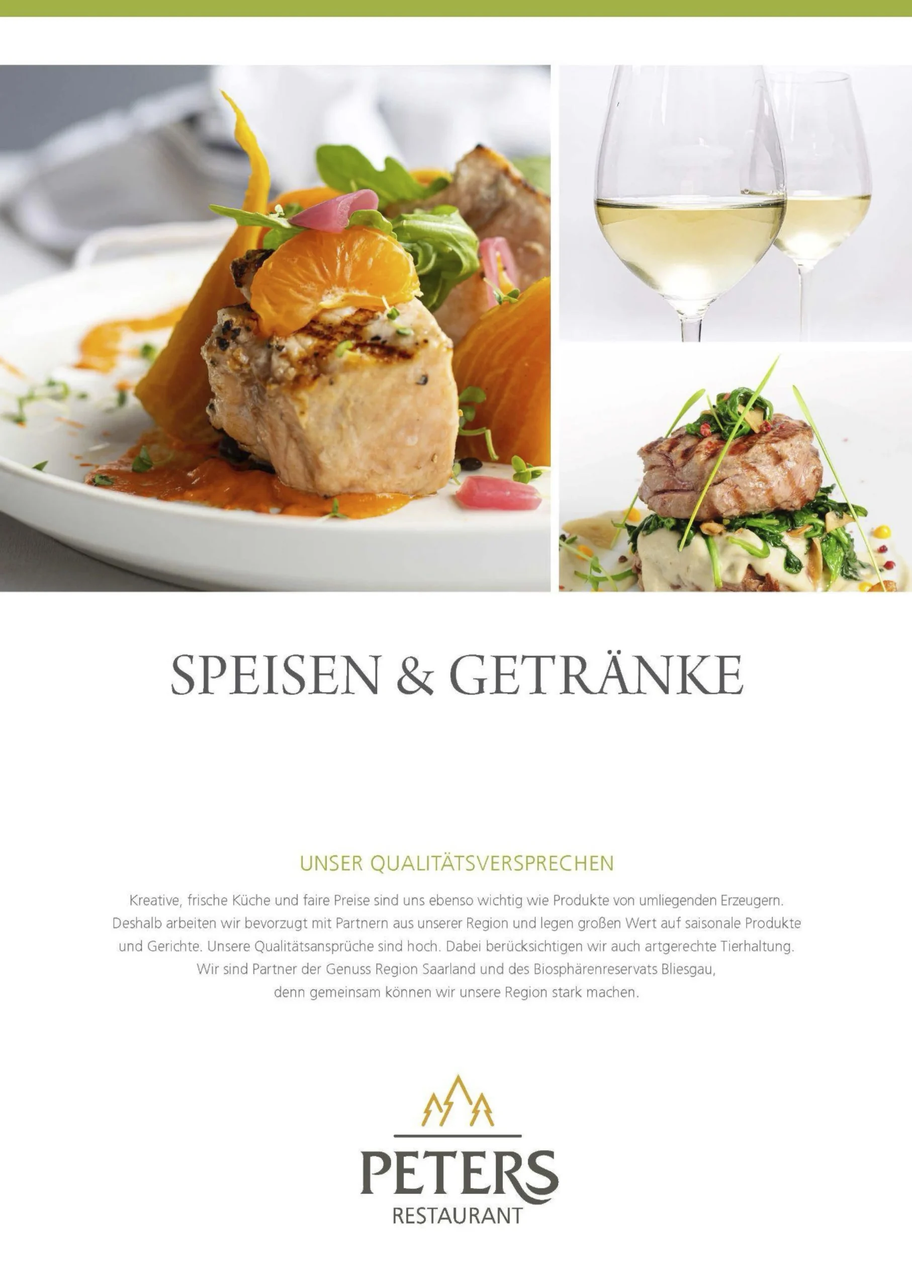 Mittag- & Abendessen - à la carte 1 Eine Restaurantmenüseite mit Bildern von Gourmetgerichten und Wein. Der Text lautet Speisen & Getränke über einem Qualitätsversprechen, und das Logo von Peters Restaurant befindet sich am unteren Rand.