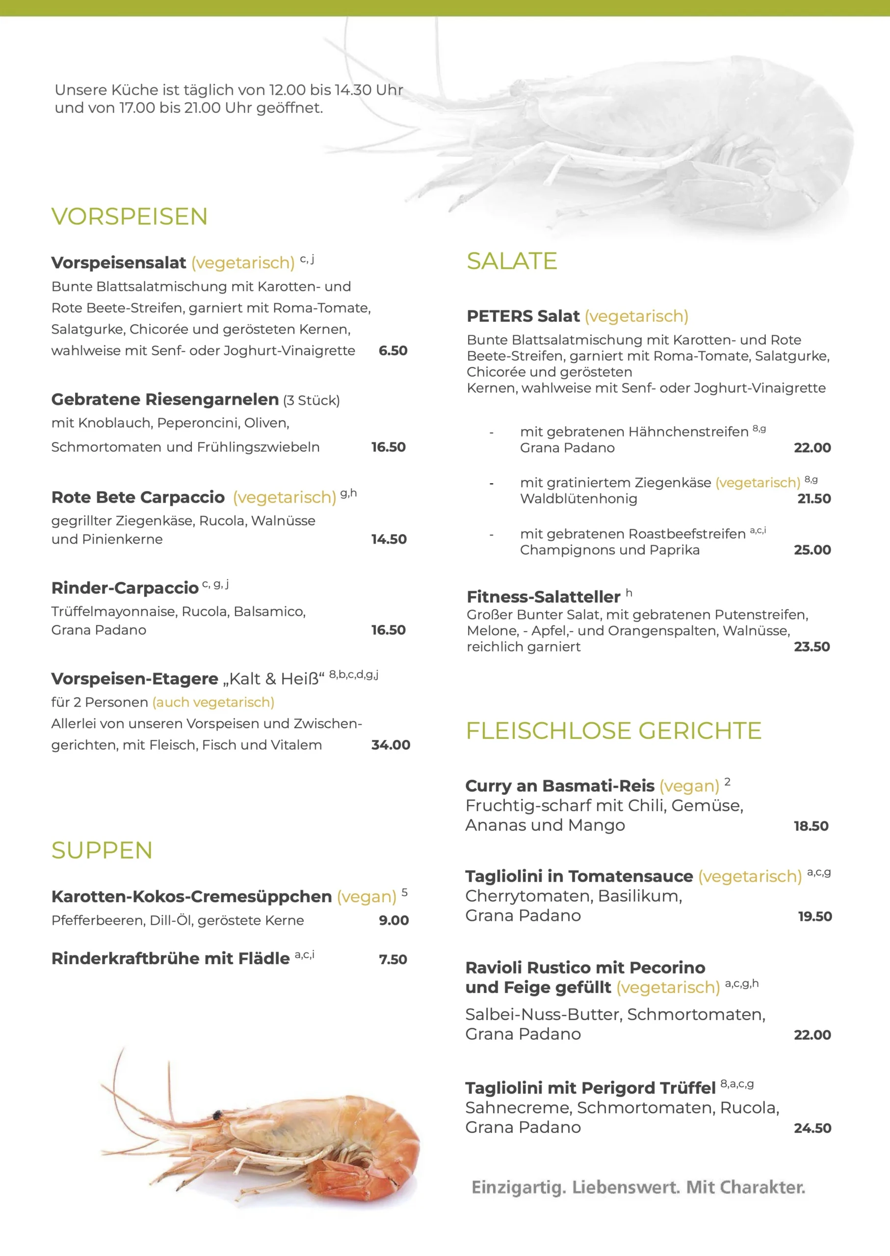 Mittag- & Abendessen - à la carte 2 Eine Speisekarte in deutscher Sprache mit Abschnitten für Vorspeisen, Salate, Fischgerichte, Nudeln und Desserts, wobei vegetarische Optionen angegeben sind. Die Preise sind neben jedem Gericht aufgeführt, und die Speisekarte hat ein klares, modernes Layout.